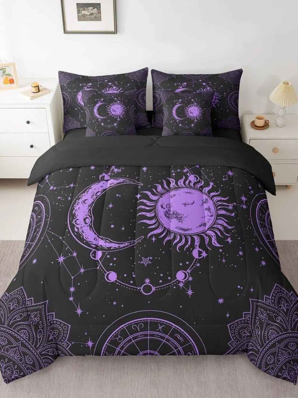 Sun and Moon 7 Piece Bedding Set, Constellation Galaxy Comforter Set Cover for K